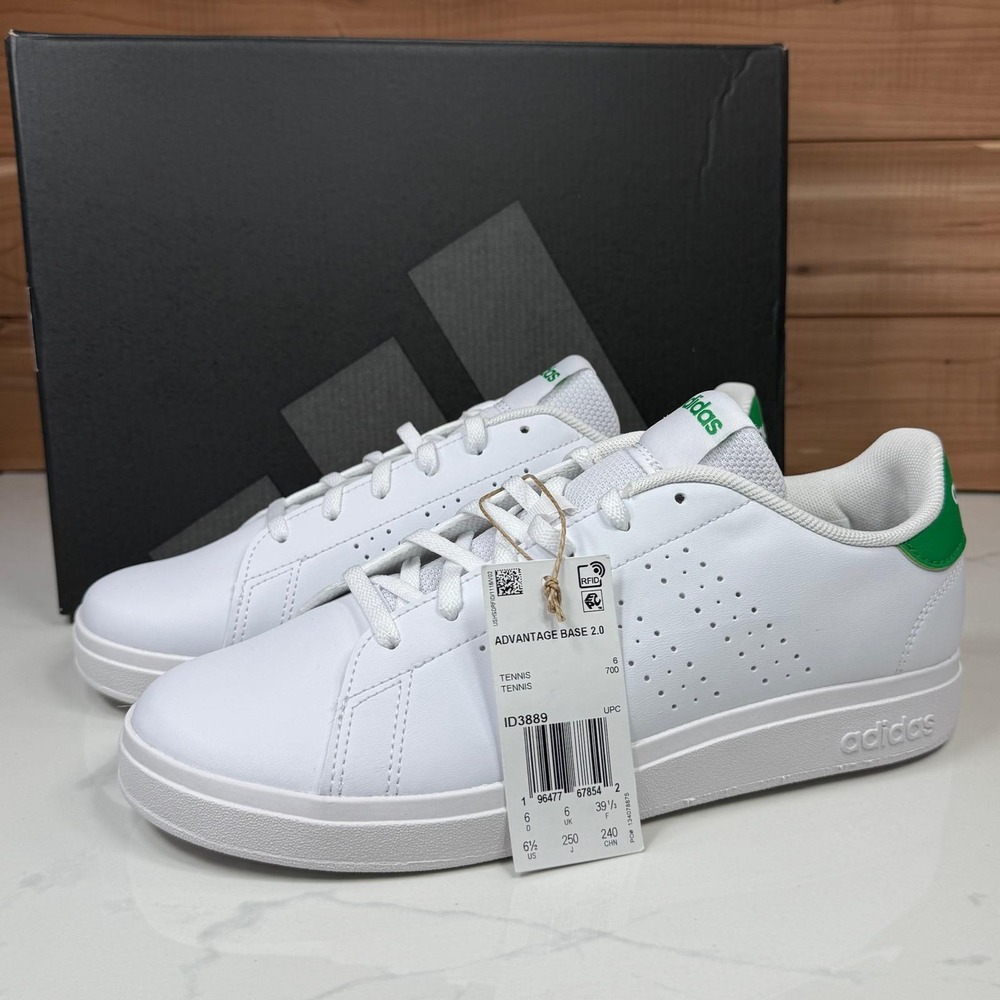 Adidas Advantage Base 2.0 Sneakers White Green Low Top Shoes Youth Size 6.5